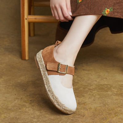 Women Casual Handmade Genuine Leather Buckle Soft Sole Flats