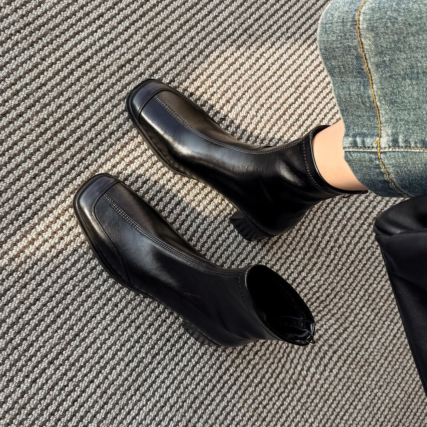 Leather Casual Square Toe Patchwork Chunky Zipper Mid-Calf Boots