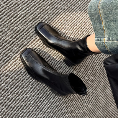 Leather Casual Square Toe Patchwork Chunky Zipper Mid-Calf Boots
