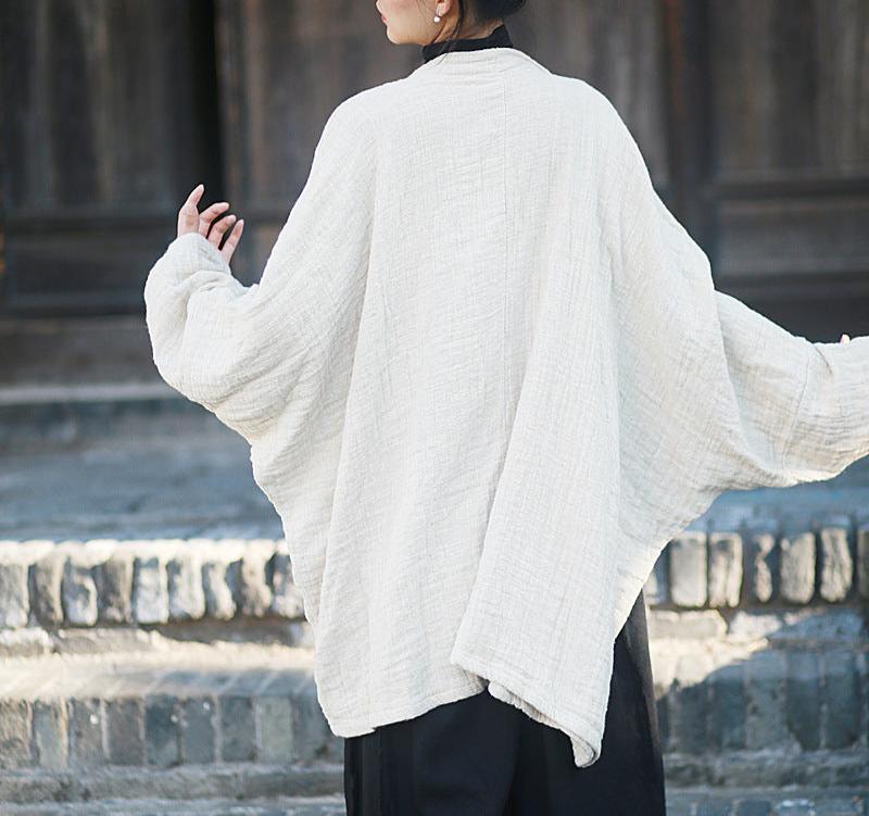 Women Loose Solid Beige Linen Cardigans