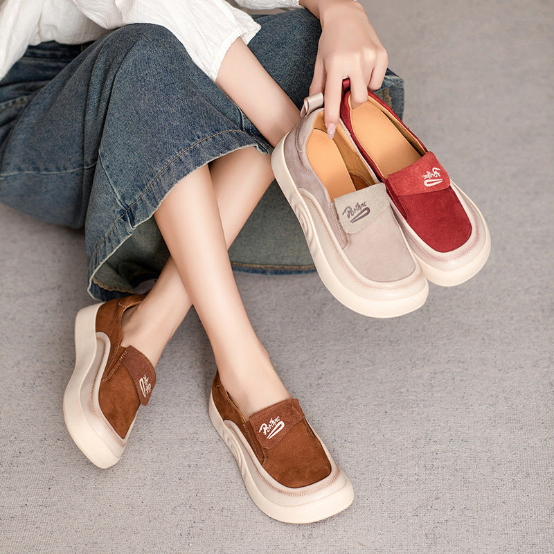 Women Casual Stylish Square Toe Suede Leather Shoes Slip-Ons