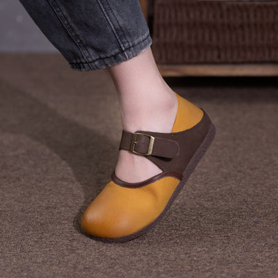 Women Summer Vintage Style Color-Block Breathable Leather Flats