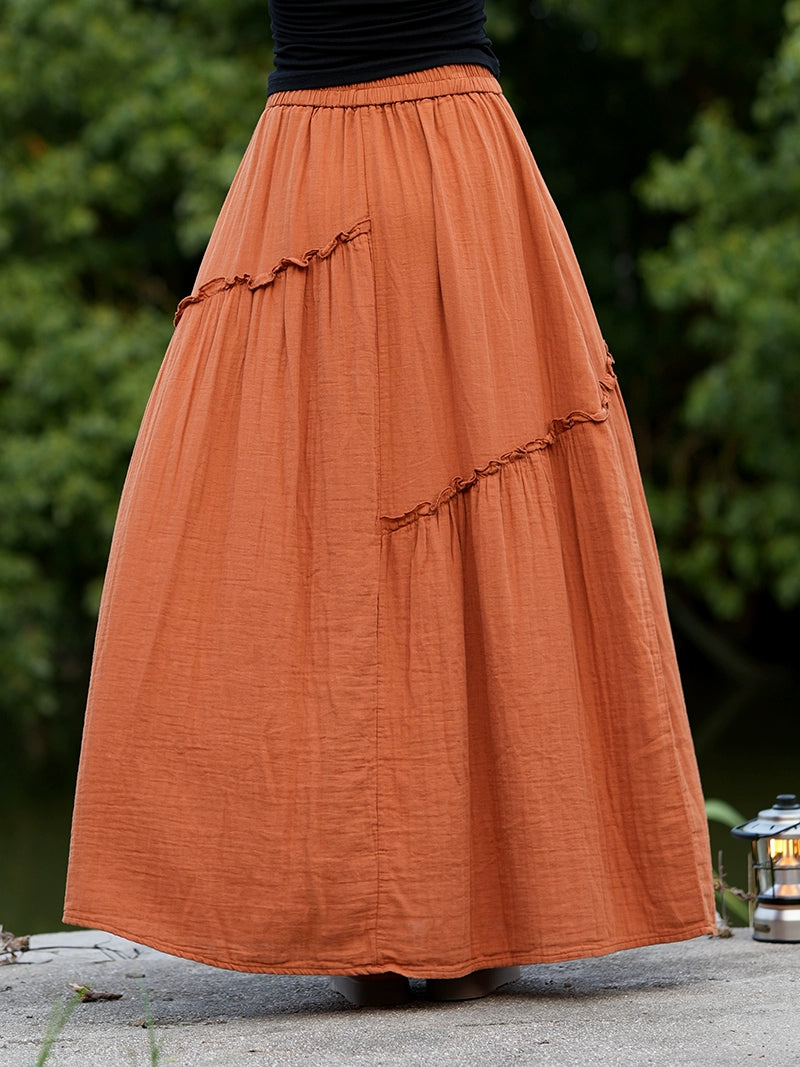 Women Retro Cotton Casual Loose Ruffled Versatile A-Line Skirt