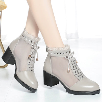 Summer Leather Mesh Breathable Lace Chunky Ankle Boots