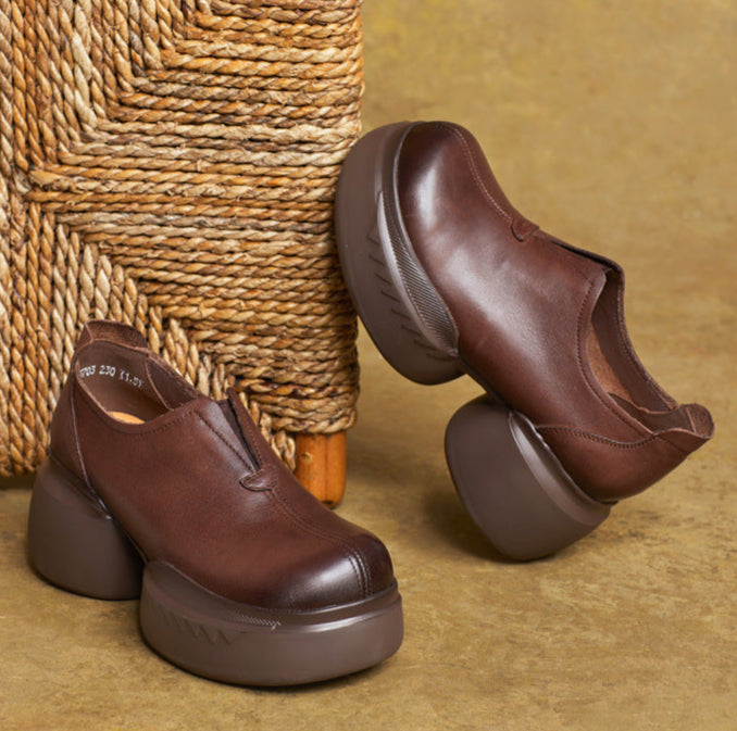 Women Minimalist Thick Soled Chunky Heeled Leather Shoes
