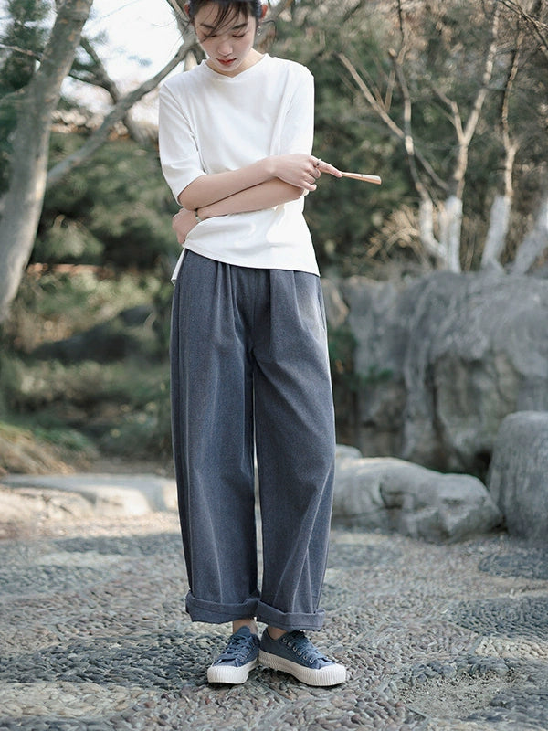 Women Casual Cotton Versatile Elastic Waist Solid Color Pants