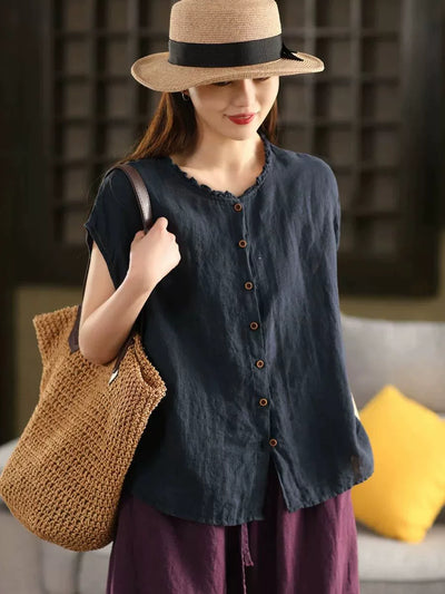 Women Retro Summer Linen Ruffle Lapel Single-Breasted Short Sleeves Shirt
