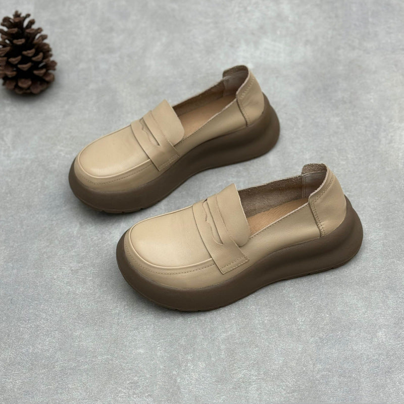 Women Retro Comfy Soft Platform Genuine Leather Slip-Ons