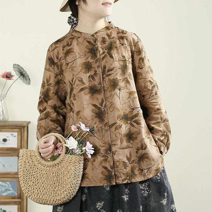 Women Spring Vintage Printed Floral Ramie Blouse