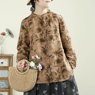 Women Spring Vintage Printed Floral Ramie Blouse