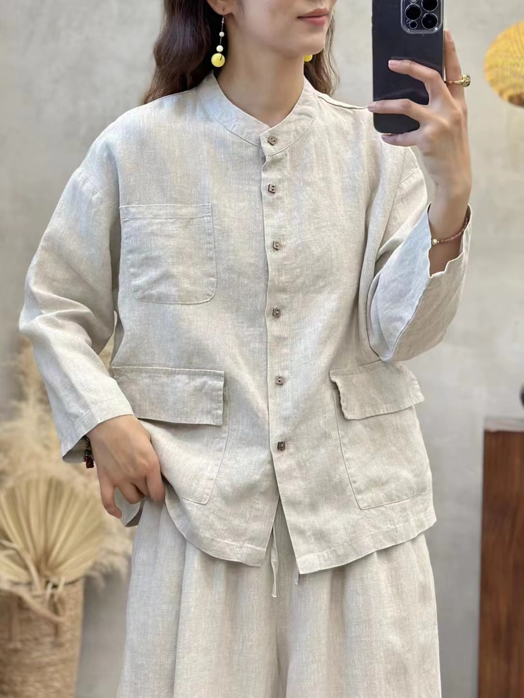 Babakud Autumn Retro Linen Washed Versatile Stand Collar Shirt