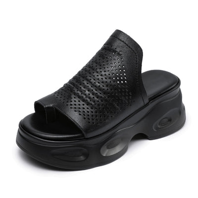 Summer Retro Genuine Leather Platform Hollow Toe Post Sandals