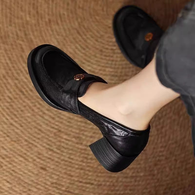 Ladies Camellia Vintage Genuine Leather Chunky Heel Loafers