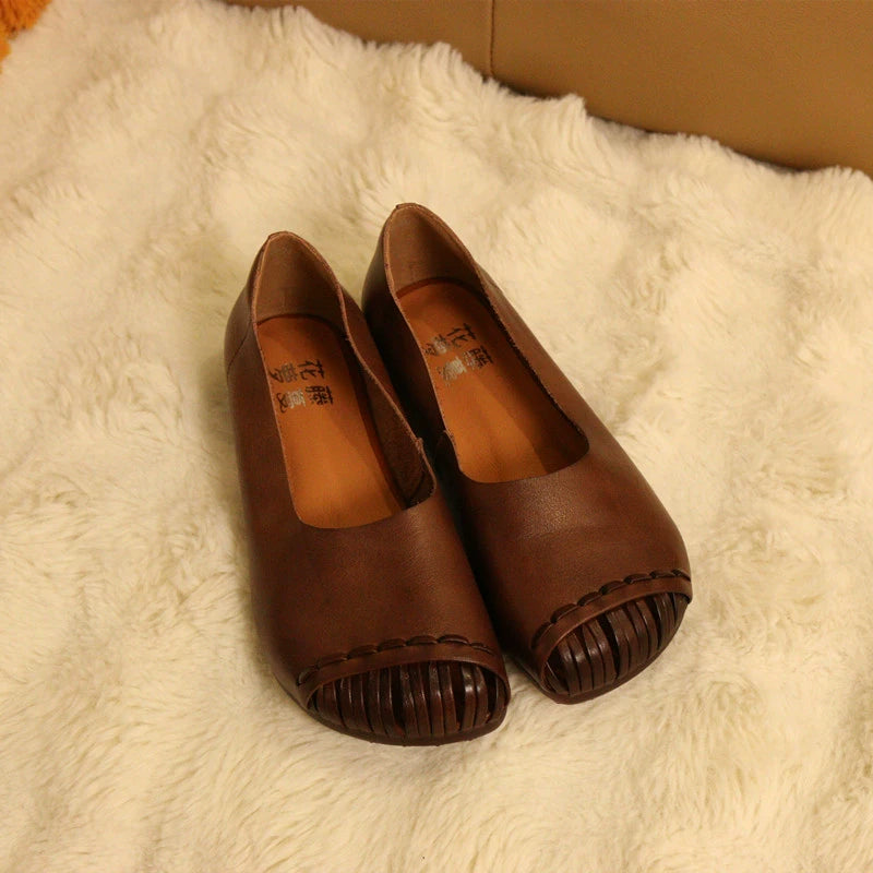 Women Casual Genuine Leather Shallow Square Toe Slip-Ons