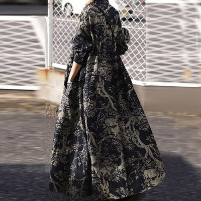 Ladies Elegant Retro Printed Loose Cotton Linen Maxi Dresses