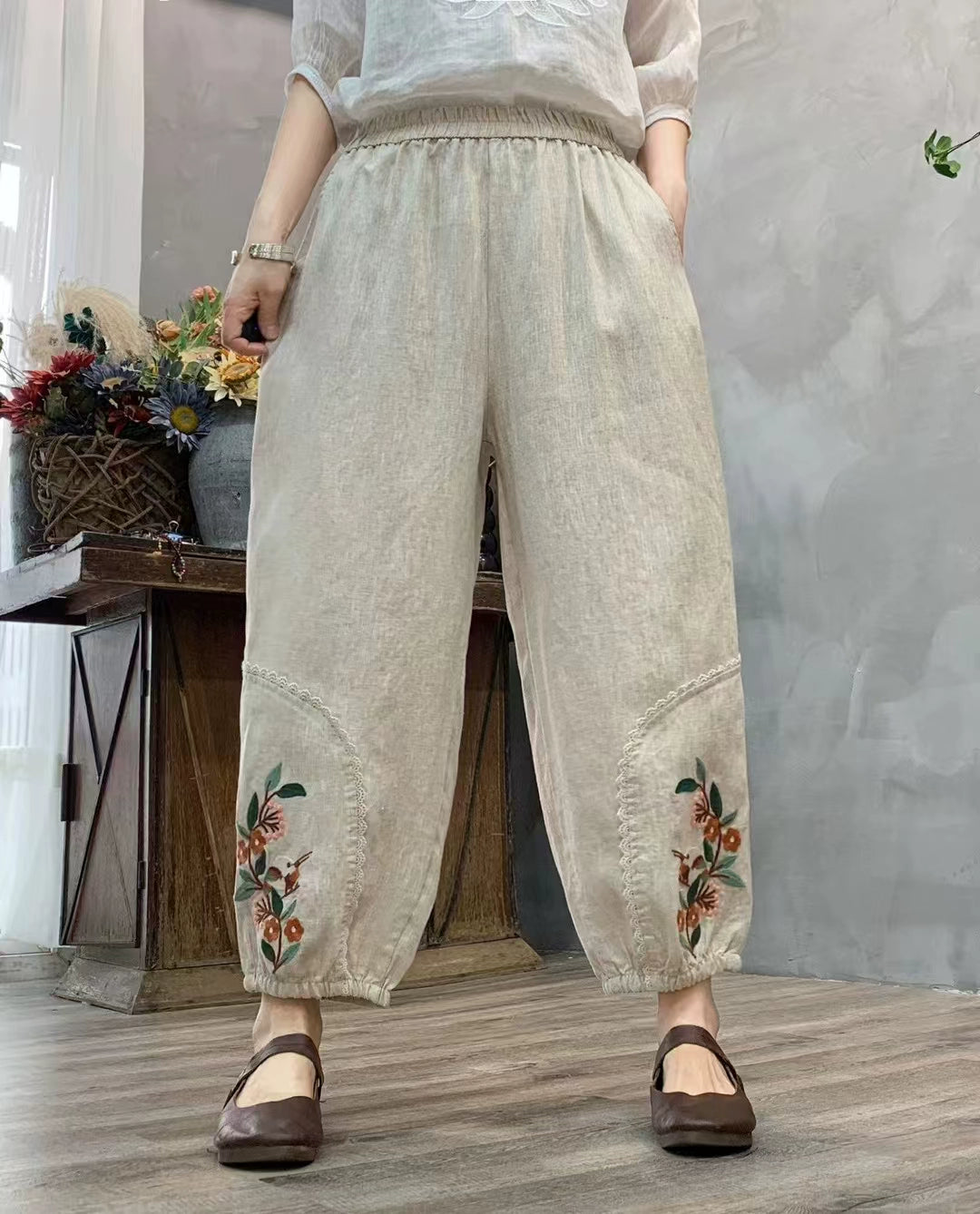 Autumn Linen Embroidered Patchwork Loose Casual Harem Pants
