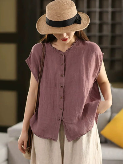 Women Retro Summer Linen Ruffle Lapel Single-Breasted Short Sleeves Shirt