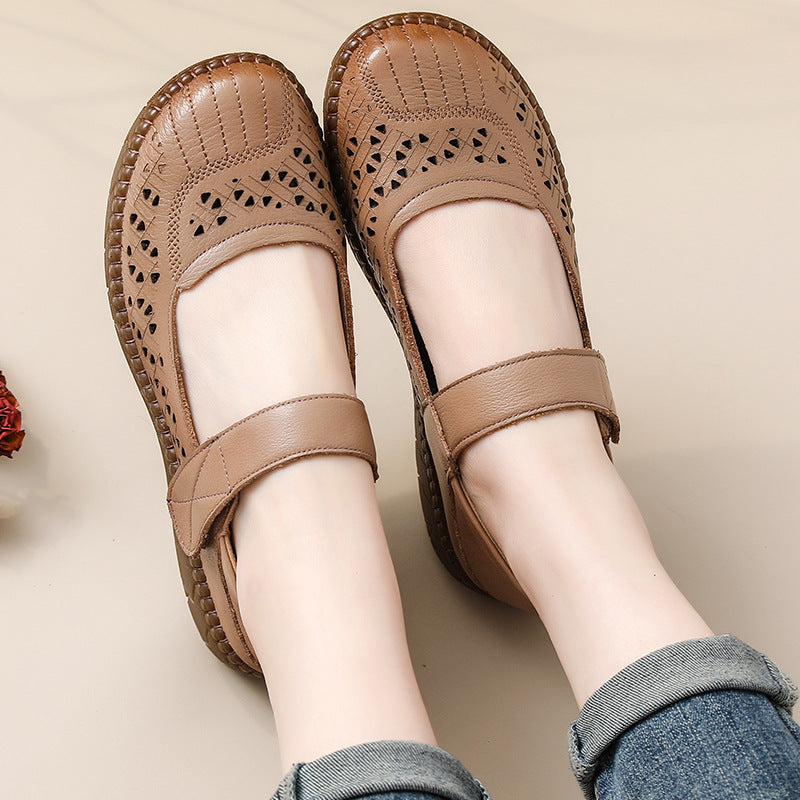 Women Retro Summer Genuine Leather Velcro Platform Sandals