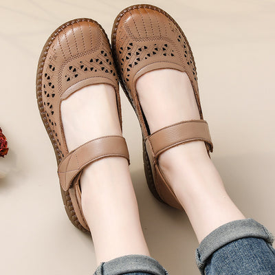 Women Retro Summer Genuine Leather Velcro Platform Sandals