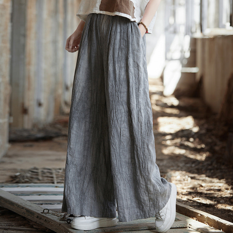 Women Spring Tie-Dye Loose Casual Wide-Leg Ramie Pants