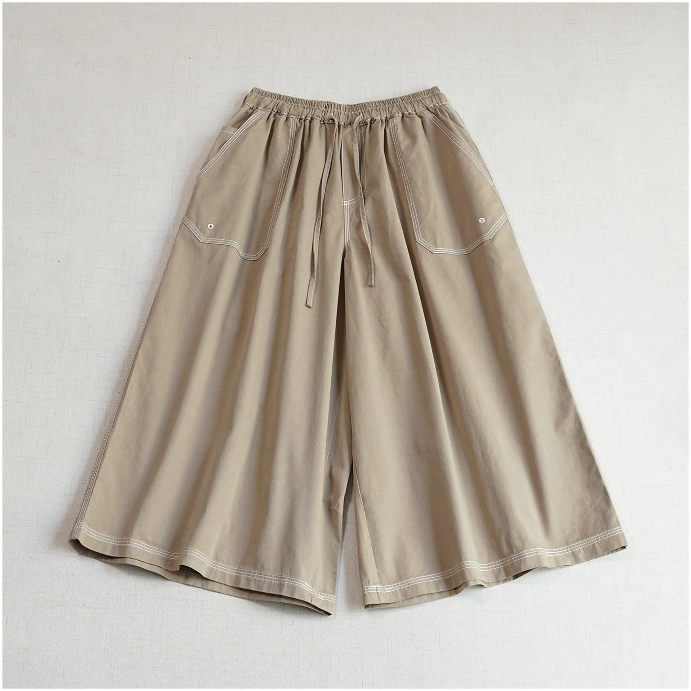 Retro Cotton Versatile Loose Elastic Waist Lace-Up Pockets Pants