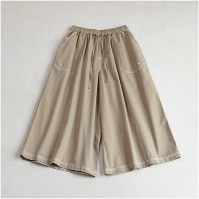 Retro Cotton Versatile Loose Elastic Waist Lace-Up Pockets Pants