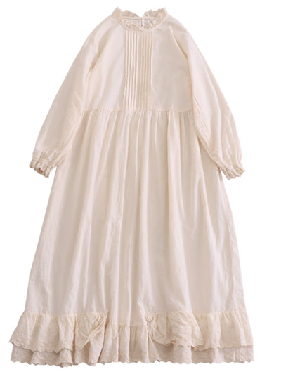 Women Spring Retro Cotton Ruffle Collar Loose Long-Sleeve Dress