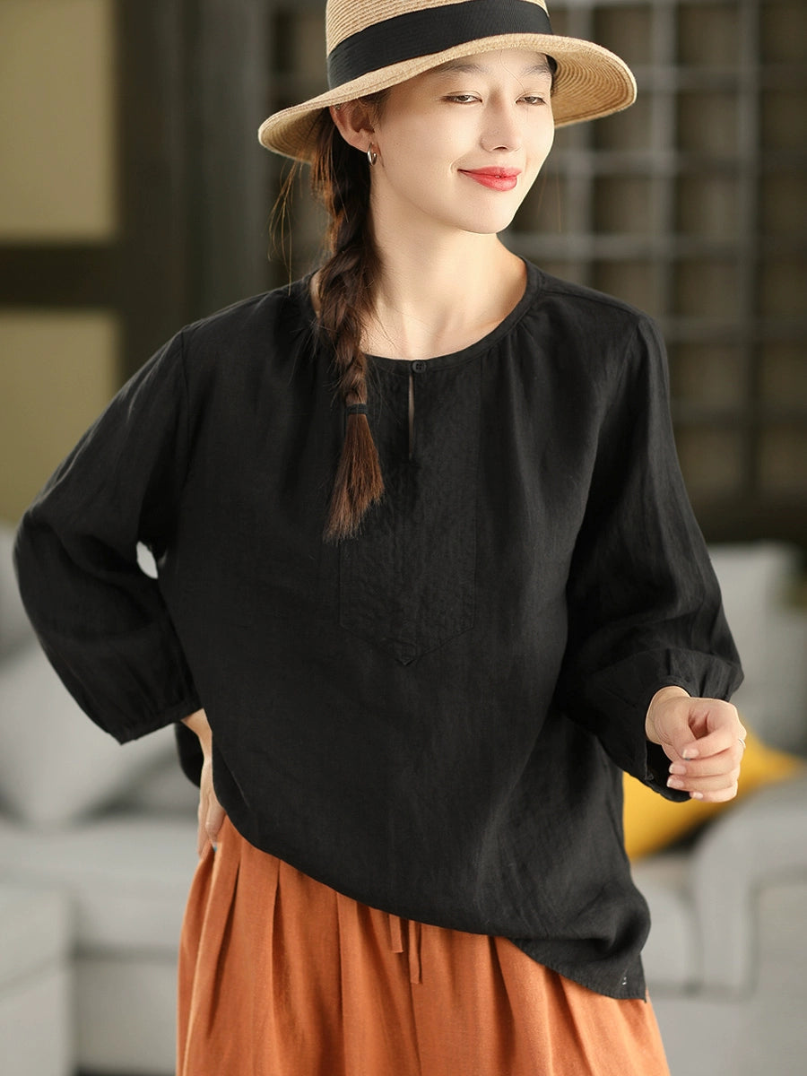 Autumn Retro Linen Round Neck Puff Sleeve Loose Shirt