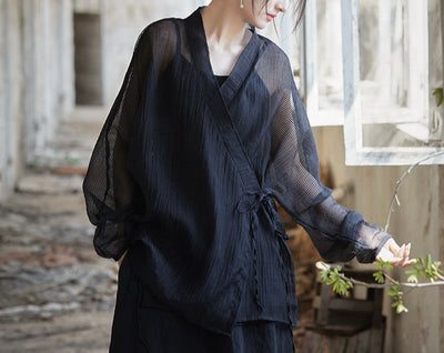 Women Long Sleeves Side Tie Sheer Wrap Soft Tencel Blouses