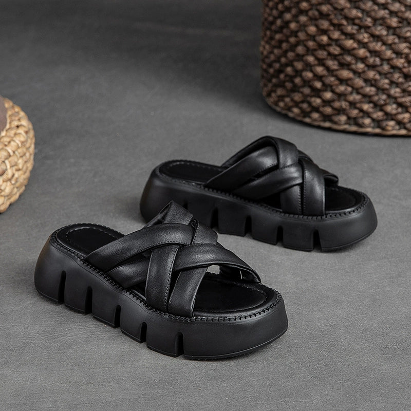 Summer Leather Cool Woven Thick Flat Sole Slippers