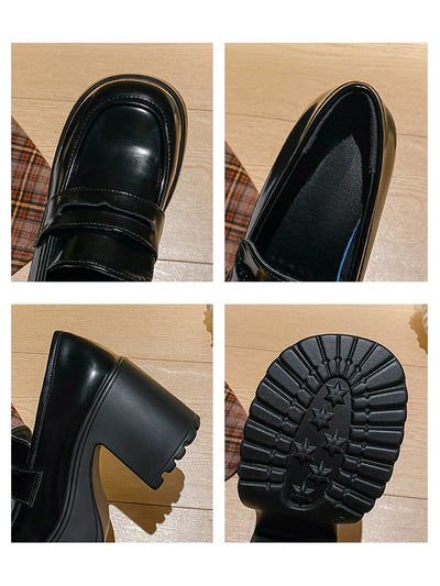 Women Retro Microfiber Platform Loafer Slip-On High Heel Shoes