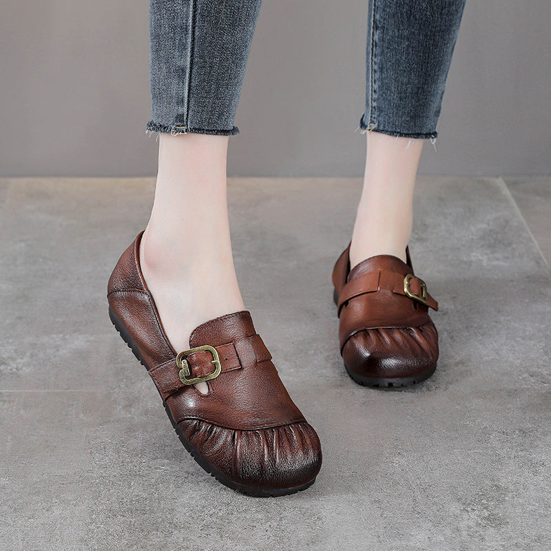 Babakud Women Spring Retro Genuine Leather Soft Sole Casual Flats