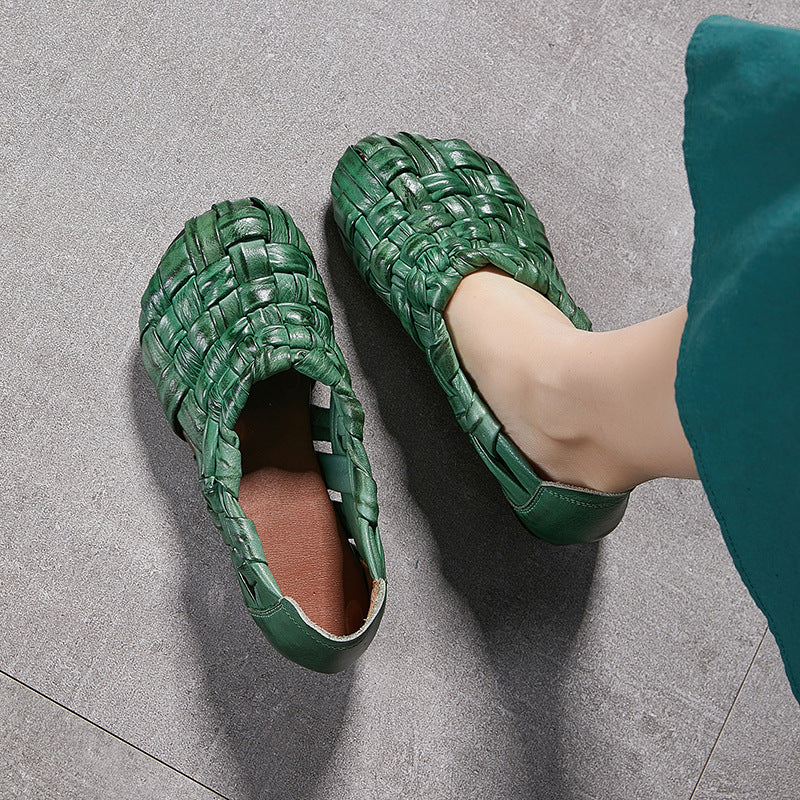 Babakud Retro Genuine Leather Woven Hollow Slip-Ons Flats Shoes