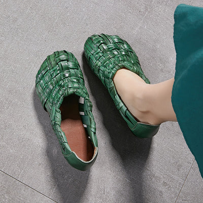 Babakud Retro Genuine Leather Woven Hollow Slip-Ons Flats Shoes