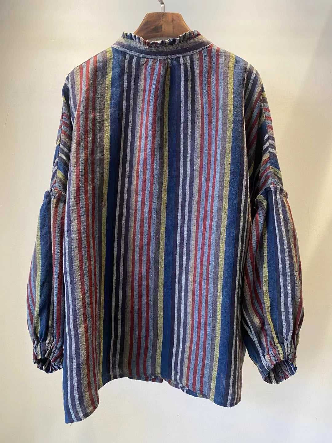 Ladies Loose Plaid Striped Ruffled Single-Breasted Linen Shirt