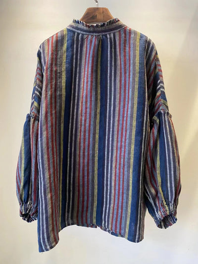 Ladies Loose Plaid Striped Ruffled Single-Breasted Linen Shirt
