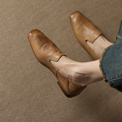 Retro Leather Shallow Square Toe Soft Sole Loafer Shoes