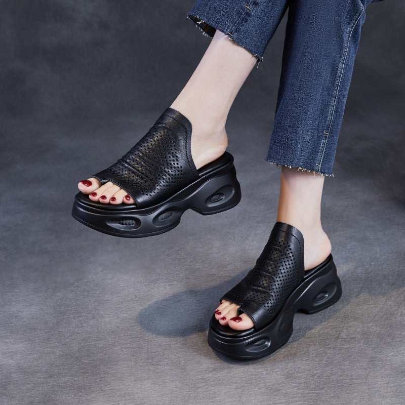 Summer Retro Genuine Leather Platform Hollow Toe Post Sandals