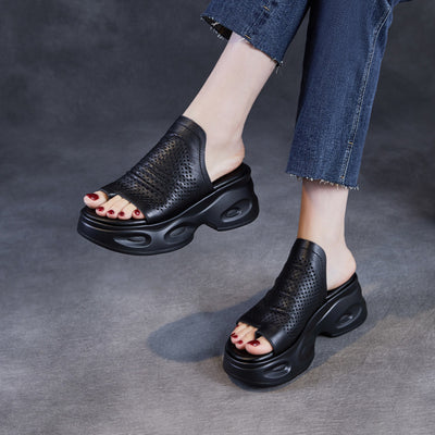 Summer Retro Genuine Leather Platform Hollow Toe Post Sandals