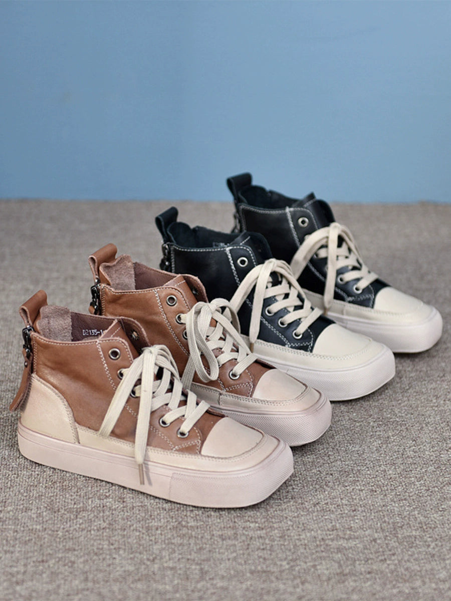 Women Retro Leather Patchwork Versatile Platform Shoes