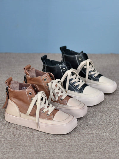 Women Retro Leather Patchwork Versatile Platform Shoes