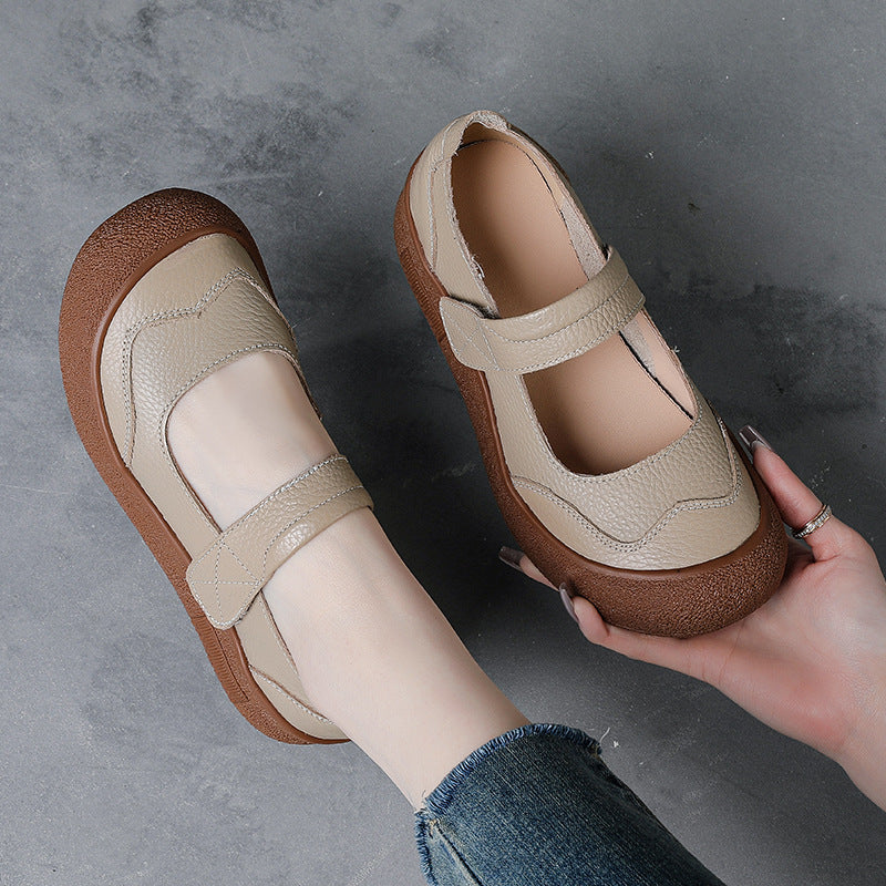 Women Retro Comfortable Leather Wide Round Toe Velcro Sandals