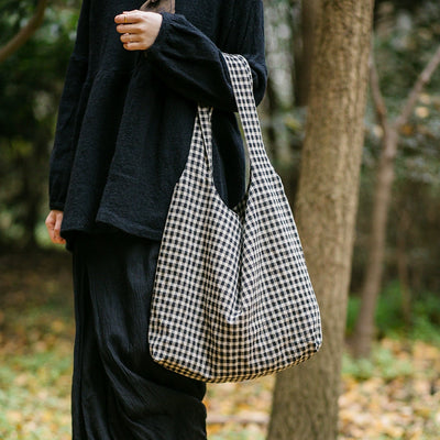 Babakud Handmade Cotton-Linen Plaid Artistic Vintage Tote Bag