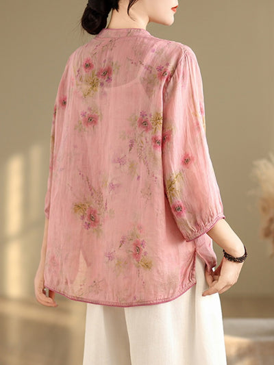 Ladies Elegant Chinese Style Embroidered Buttoned Ramie Blouse