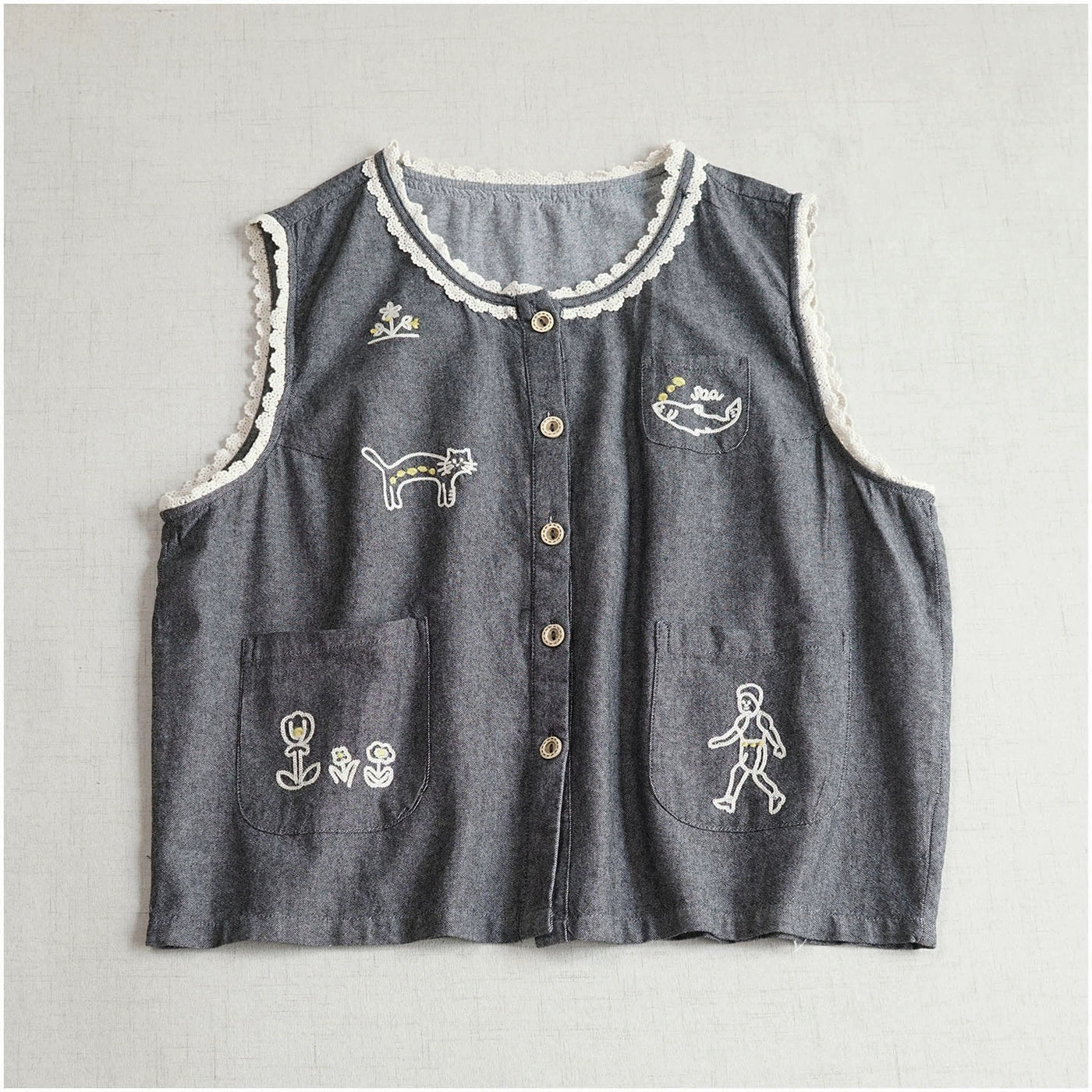 Summer Cute Cotton Round Neck Sleeveless Embroidered Vest