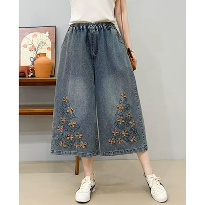 Women Retro Denim Embroidered Loose Elastic Waist Pants