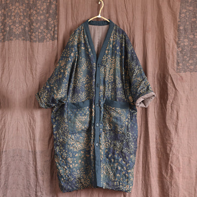 Warm Cozy Thick Vintage Bohemian Floral Quilted Long Cotton Linen Coat
