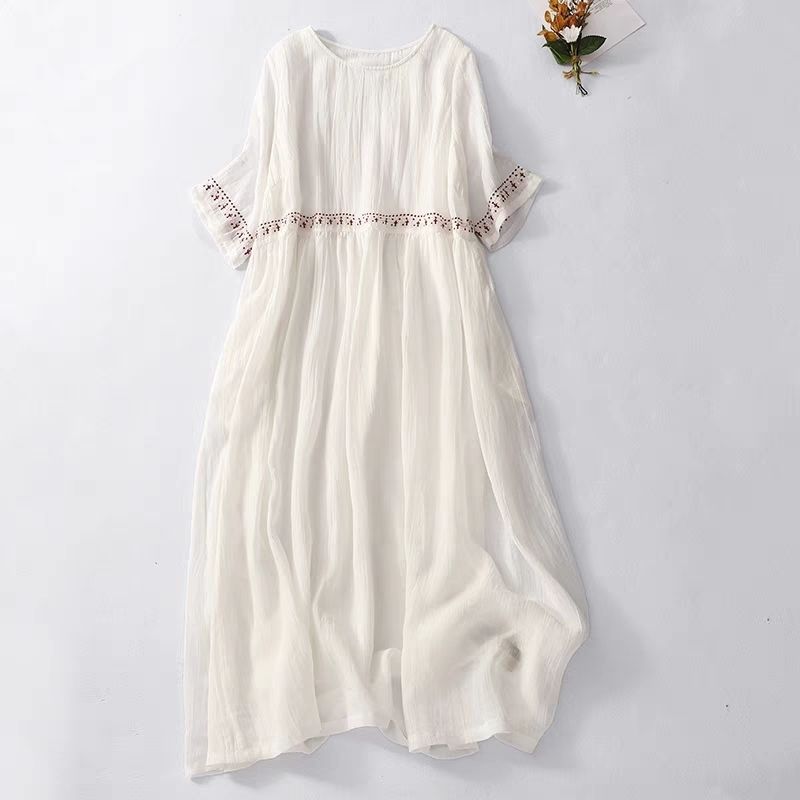 Women Summer Retro Cotton Linen Embroidered Plus Size Dress