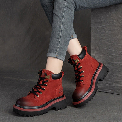 Women Retro Fashion Lace- Up Platform Leather Boots