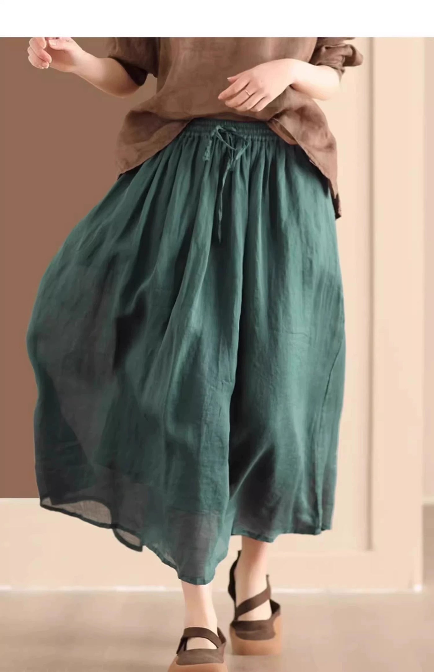 Women Summer Vintage Linen Elastic Waist A-Line Solid Color Skirt